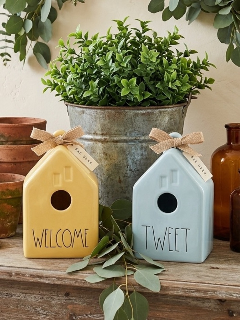 Rae Dunn Pastel Ceramic Birdhouse Set of 2 lWelcome and Tweet with Burlap Bows